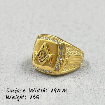 Gold Colour Free Mason 316L Stainless Steel with Rhinestone Crystals Masonic Ring - The Jewellery Supermarket